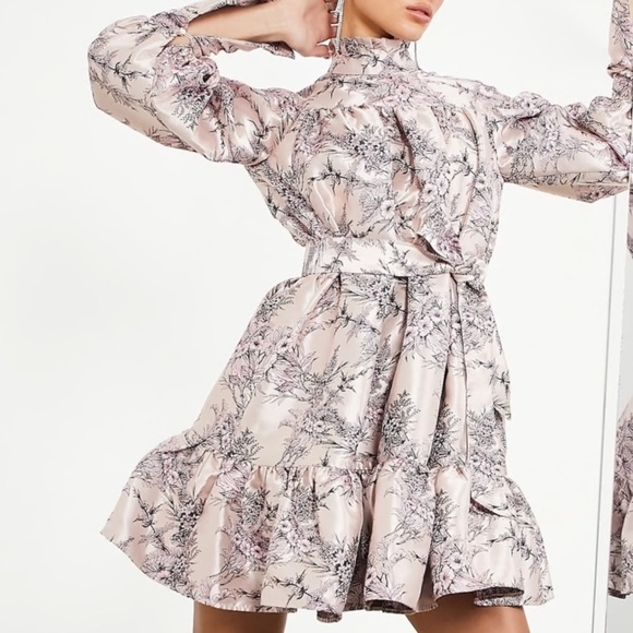 ASOS EDITION belted mini dress with pie crust collar in pink floral jacq… - Picture 1 of 13